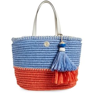 Rare Tory Burch Large Color Block Straw Tote